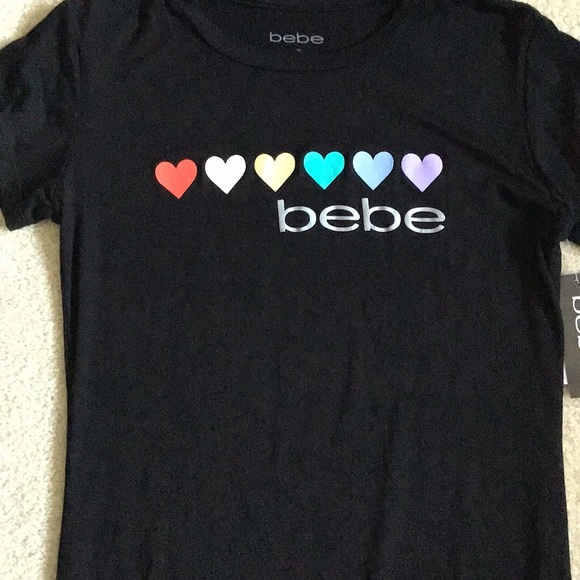 SOLD - Bebe Rainbow Hearts Logo Black Tee - NWT - Picture 8 of 11